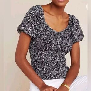 Anthropologie Aurelia Smocked Floral Top Black Puff Sleeve Peasant Blouse Small